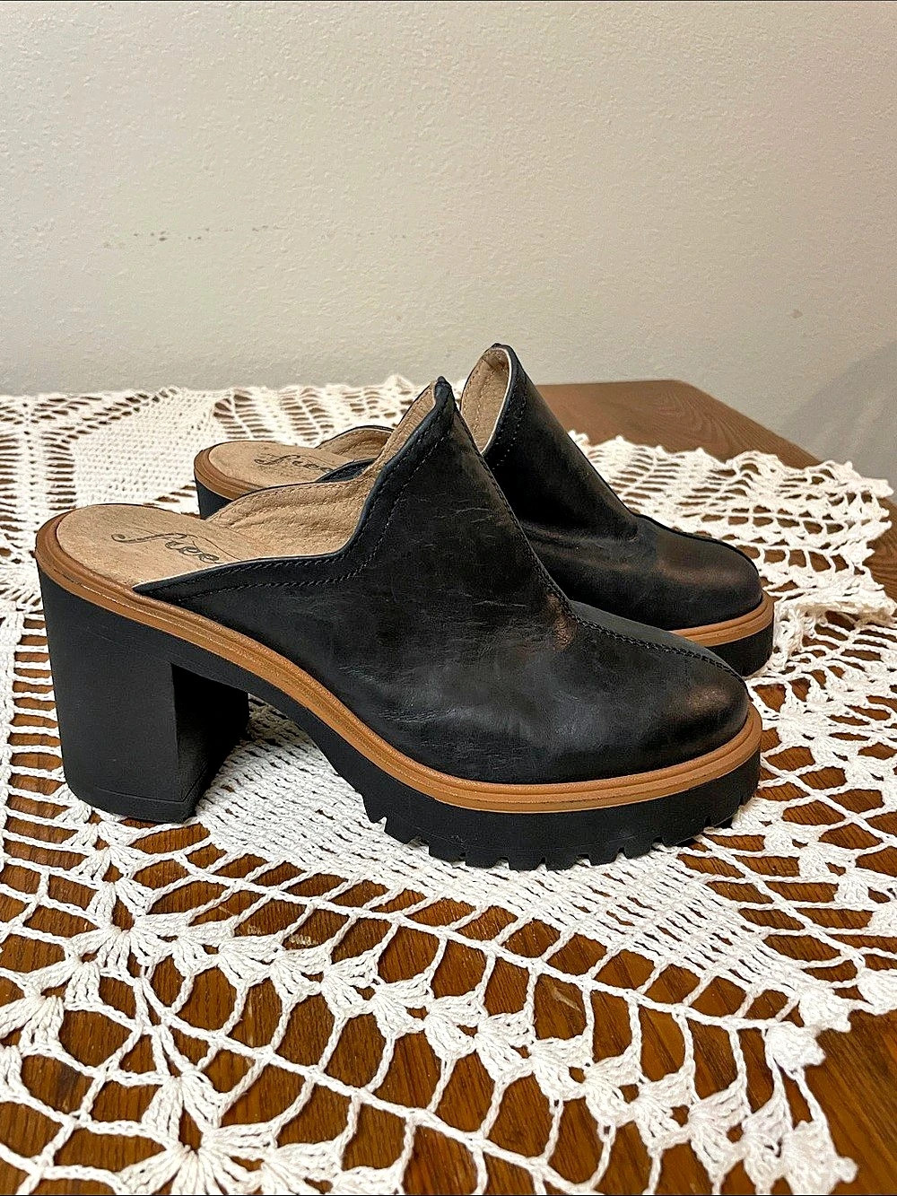 Free People Black & Brown Platform Mule Clogs US 38.5